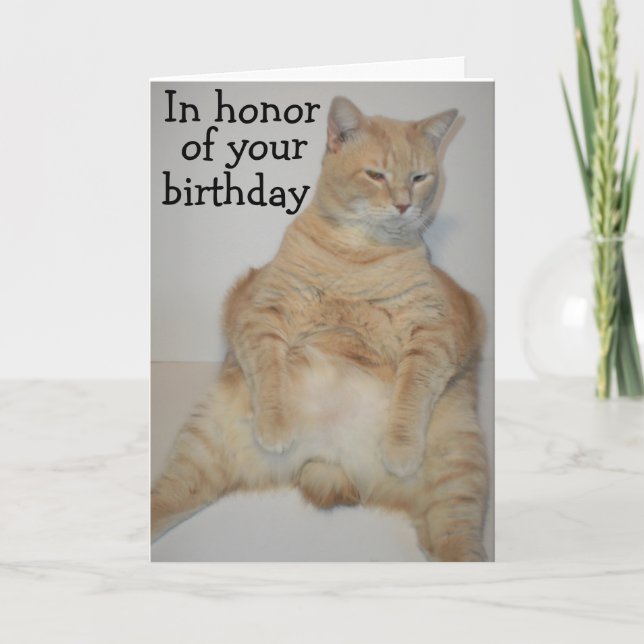 Fat Manx Cat Sitting Funny Birthday Card (Front)