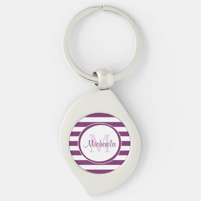 Fat Purple and White Stripes With Preppy Name Key Ring (Front)