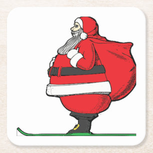 Fat Skiing Santa Claus Christmas Square Paper Coaster