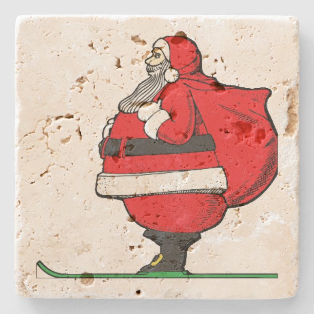 Fat Skiing Santa Claus Christmas Stone Coaster (Front)