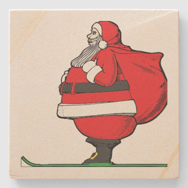 Fat Skiing Santa Claus Christmas Stone Coaster (Front)