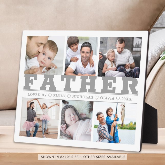 FATHER 6 Photo Collage Grey Custom Text 8x10 Plaqu Plaque (Creator Uploaded)
