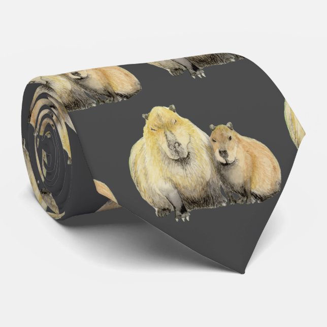 Father and Baby Capybara Neck Tie (Rolled)