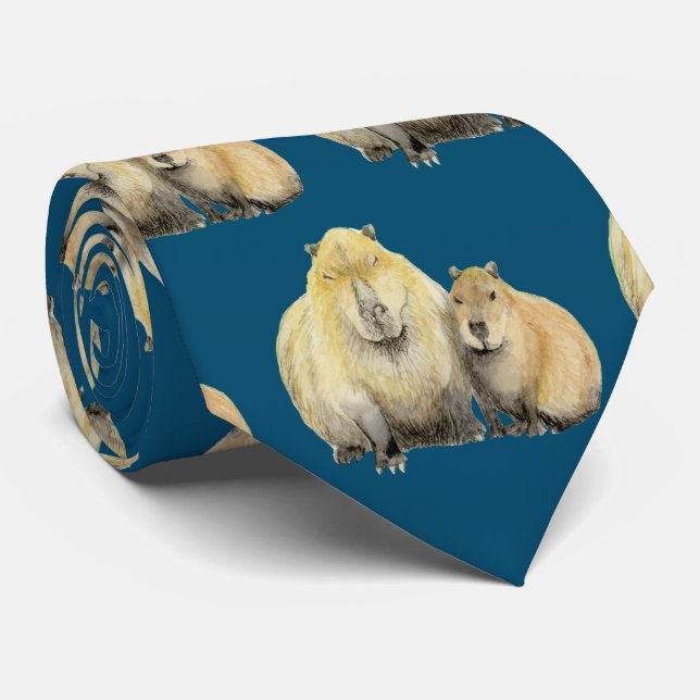 Father and Baby Capybara Neck Tie (Rolled)