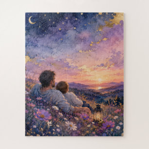 Father and Child Stargazing Watercolor Art Print Jigsaw Puzzle