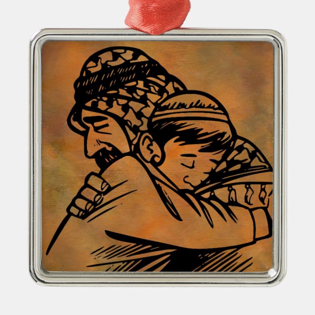 Father and Son embracing inspirational art Metal Tree Decoration (Front)