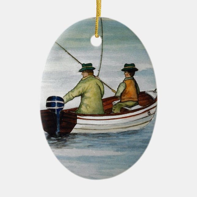 Father and son fishing trip ceramic tree decoration (Front)