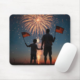 Father and Son Holding American Flags Mouse Mat
