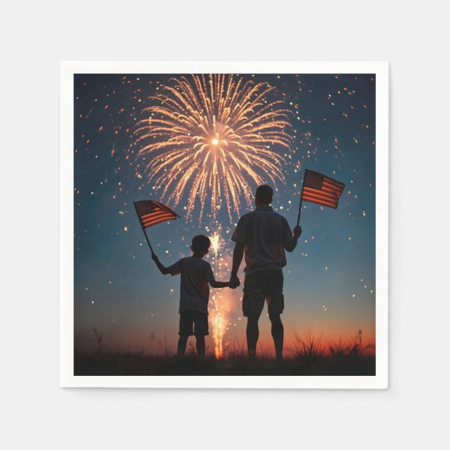 Father and Son Holding American Flags Napkin (Front)