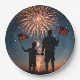 Father and Son Holding American Flags Paper Plate