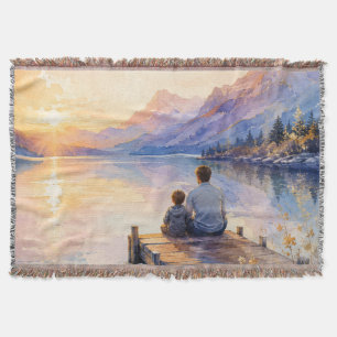 Father and Son Lake Watercolor Art Print Throw Blanket