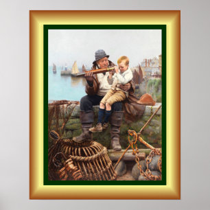 Father and Son Sitting On Sea Wall With Telescope  Poster