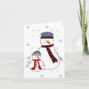 Father and Son Snowman Snowing Whimsical Art Holiday Card