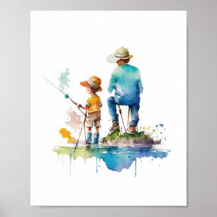 Father and Son Watercolor Illustration Ai Art Poster