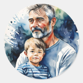 Father and son watercolor personalised classic round sticker