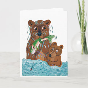 Father Bear trying to teach cub to fish Card