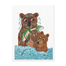 Father Bear trying to teach cub to fish