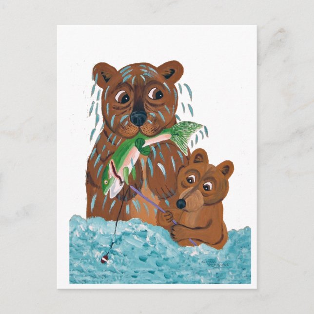Father Bear trying to teach cub to fish Postcard (Front)