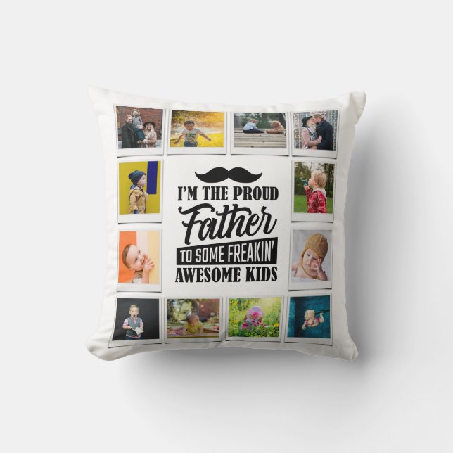 Father Birthday Awesome Kids Photo Collage White Cushion (Front)