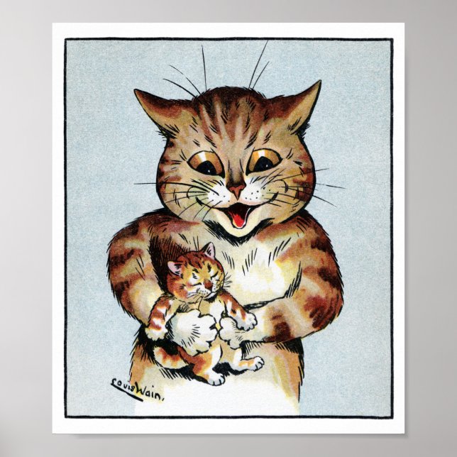 Father Cat Holding a Kitten, Louis Wain Poster (Front)
