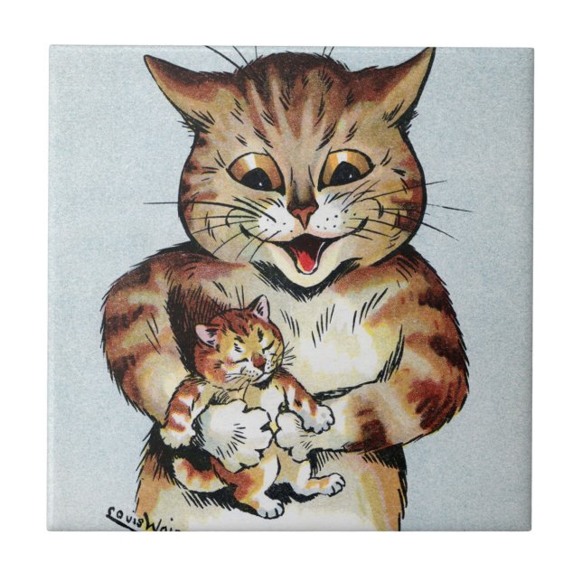 Father Cat Holding a Kitten, Louis Wain Tile (Front)