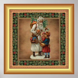Father Christmas, Christmas Gifts, Gold Backgrond Poster