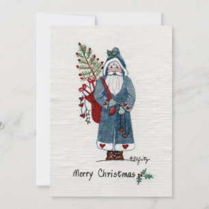 Father Christmas in Green Coat Painted Tan Paper  Holiday Card