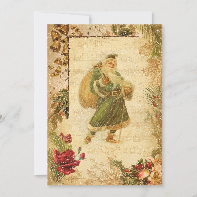 Father Christmas in Snow with Roses & Music Holiday Card (Front)
