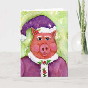 Father Christmas Pig in Purple Holiday CARD