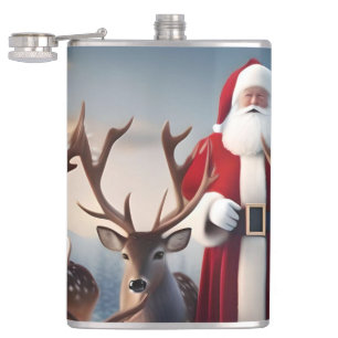 Father Christmas Posing With His Reindeers, Hip Flask