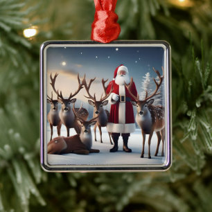 Father Christmas Posing With His Reindeers, Metal Tree Decoration