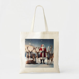 Father Christmas Posing With His Reindeers, Tote Bag