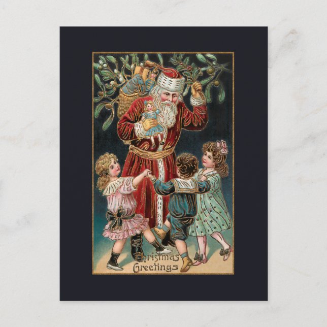 Father Christmas with Dancing Children & Mistletoe Postcard (Front)