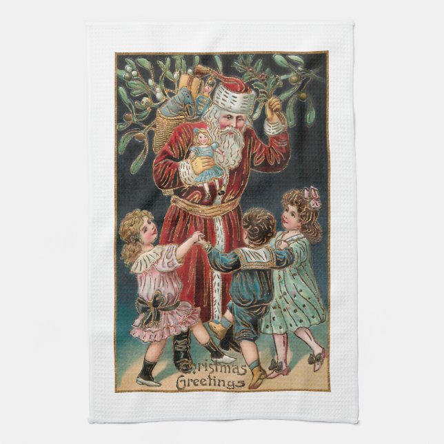 Father Christmas with Dancing Children & Mistletoe Tea Towel (Vertical)