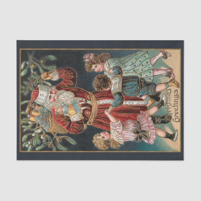 Father Christmas with Dancing Children & Mistletoe Tissue Paper (Front)