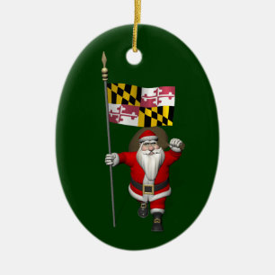 Father Christmas With Flag Of Maryland Ceramic Tree Decoration