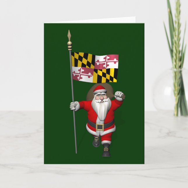 Father Christmas With Flag Of Maryland Holiday Card (Front)