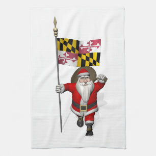 Father Christmas With Flag Of Maryland Tea Towel