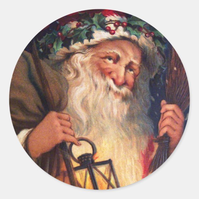 Father Christmas with Lantern Classic Round Sticker (Front)