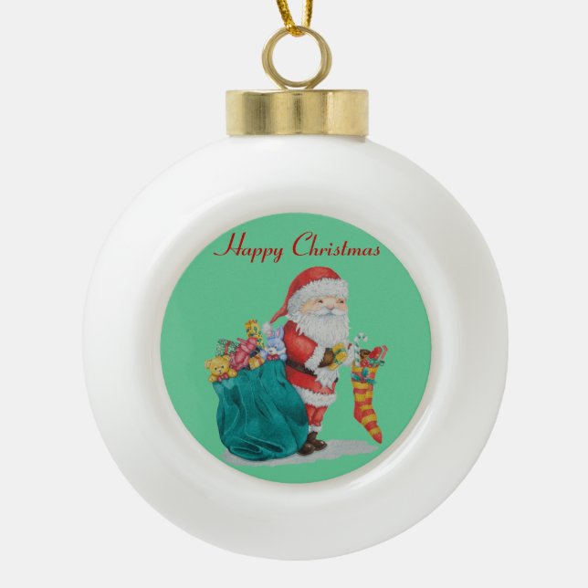 Father Christmas with toys and gifts in sack Ceramic Ball Christmas Ornament (Front)