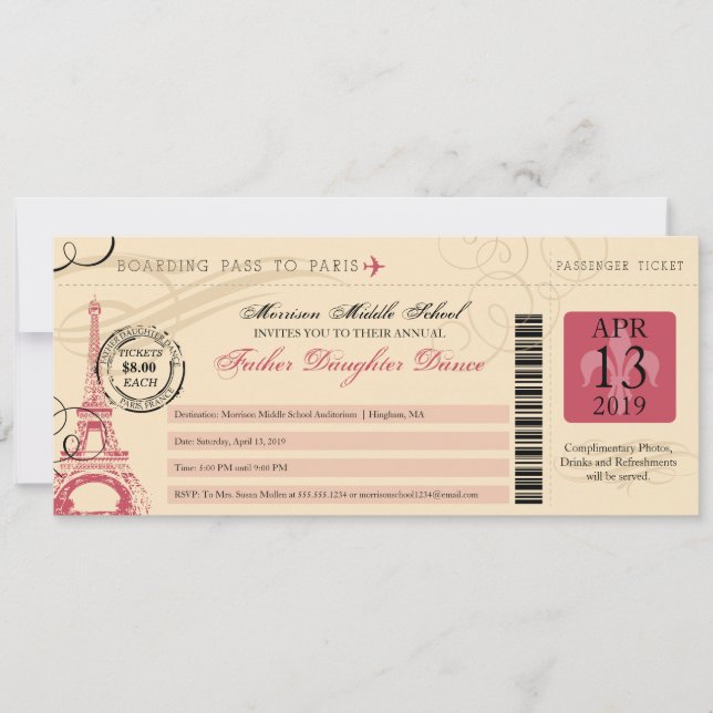 Father Daughter Dance Vintage Paris Boarding Pass Invitation (Front)