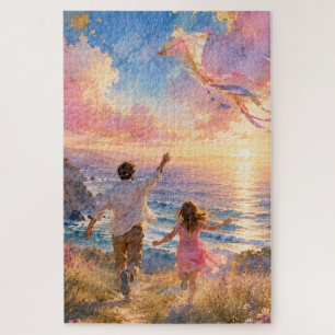 Father & Daughter Flying Kite by Ocean Cliffs Jigsaw Puzzle