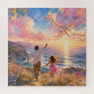 Father & Daughter Flying Kite by Ocean Cliffs Jigsaw Puzzle