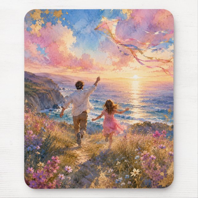 Father & Daughter Flying Kite by Ocean Cliffs Mouse Mat (Front)