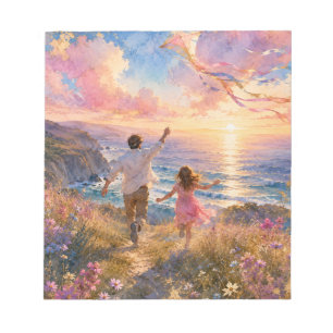Father & Daughter Flying Kite by Ocean Cliffs Notepad