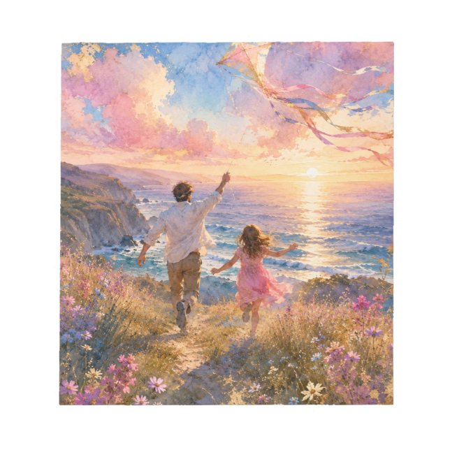 Father & Daughter Flying Kite by Ocean Cliffs Notepad (Front)