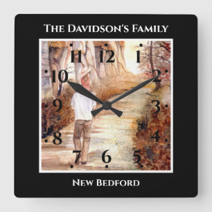 Father Daughter Walk Autumn Trail Watercolor Square Wall Clock
