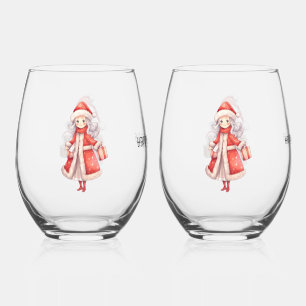 Father & Mother Christmas Happy Christmas text Stemless Wine Glass