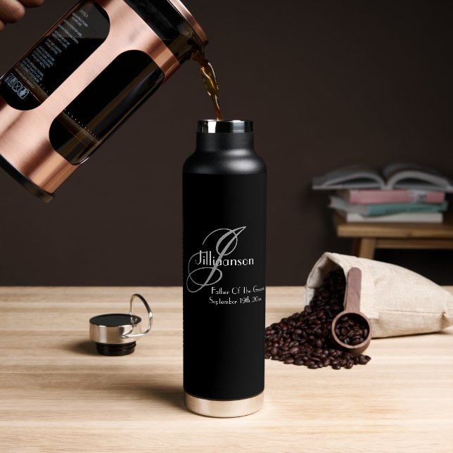 Father Of Groom Grey Monogram White Details Black  Water Bottle (Coffee)