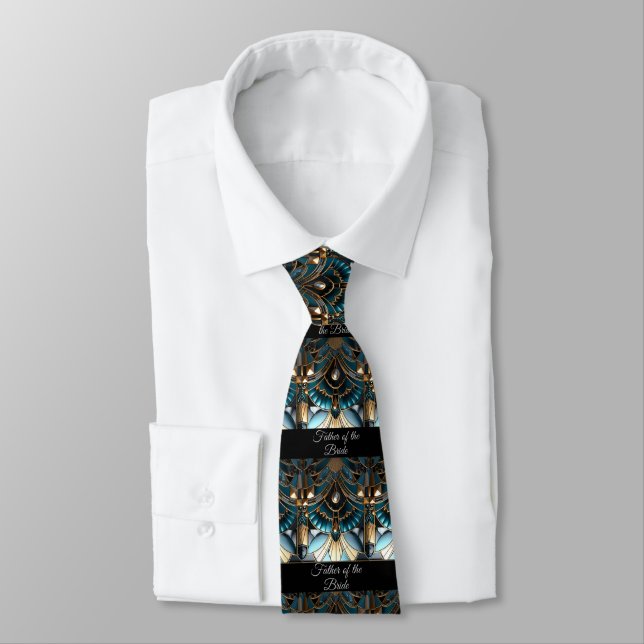 Father of the Bride Art Deco Green Black Gold Tie (Tied)
